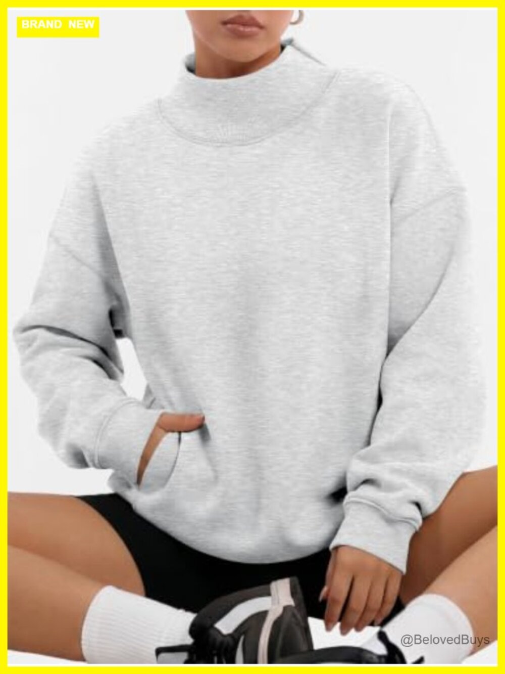Mock Neck Oversized Sweatshirt with Pockets Cotton Polyester Fleece Pullover - Picture 2 of 6